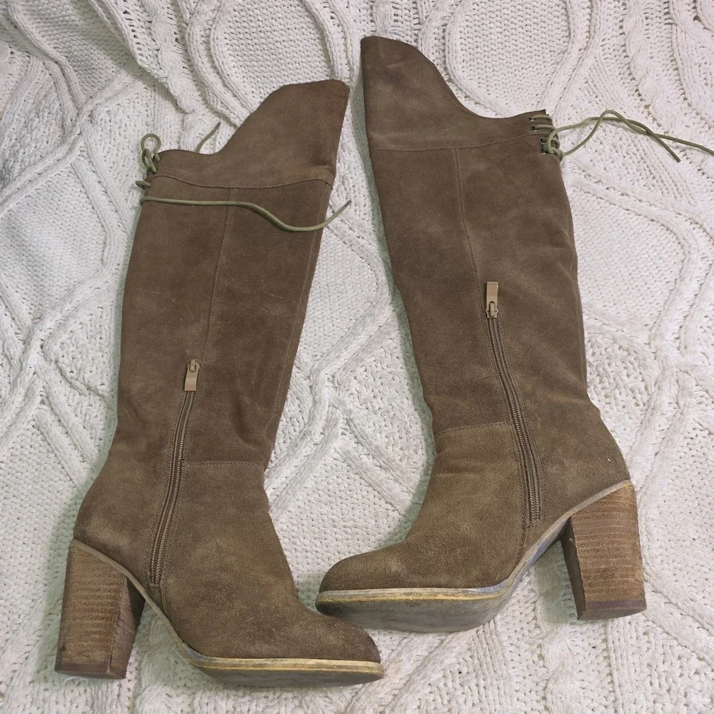 Sbicca Gusto Over The Knee Boots Brown Suede Woven Side‎ Lace Up Back Women 7